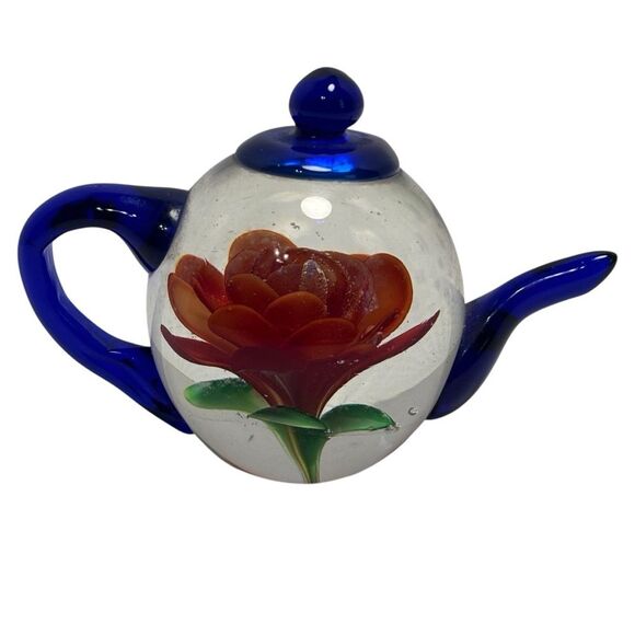 Dynasty Gallery Heirloom Art Glass Clear Blue Teapot Red Flower Paperweight - Picture 1 of 4